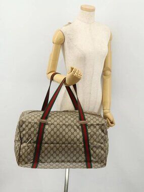 GUCCI GG Supreme Web Sherry Line Bag PVC Beige Gold 012 904 0282 Auth 171651